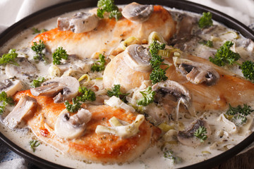 Chicken breast in mushroom sauce close-up on a plate. horizontal 
