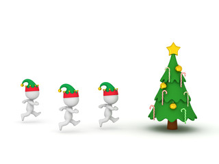 3D Characters with Elf Hats Running Toward Christmas Tree