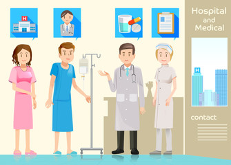 Patients recuperating in the hospital.The conversation between patients and doctors.Male and female patients are asking for advice on treatment by doctor.Doctors are assisting with the patient.EPS 10.