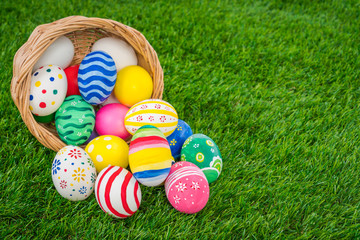 Basket of easter eggs  on Fresh Green Grass