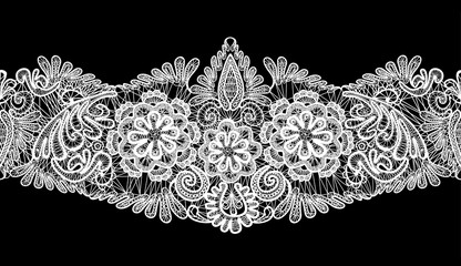 Seamless stripe - floral lace ornament - white on black backgrou