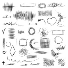 Pencil sketches. Hand drawn scribble shapes. A set of doodle lin
