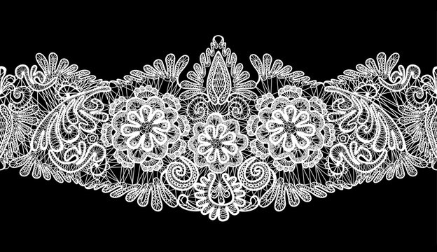 Fototapeta Seamless stripe - floral lace ornament - white on black backgrou