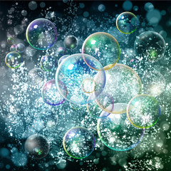 Abstract blue background with bokeh and bubbles. Green and light