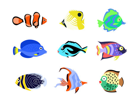 Tropical fish icons. Flat style vector illustration. 