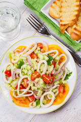 Squid, tomato, onion and greens salad. View from above, top studio shot