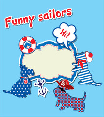 Card with funny scottish terrier dogs  - sailors, anchor, lifebu