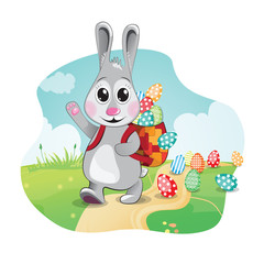 Easter Bunny brings colored eggs. Vector illustration.