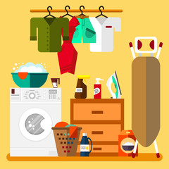 Laundry room in flat style. Wash machine, flasket, ironing board, iron, washing powder, clothes - vector illustration