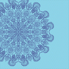 Background wallpaper backdrop circular mandala with Mexican traditional ornament on a blue background