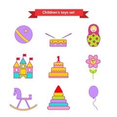Set of vector icons of toys. Collection of toys for children. Vector illustration in a flat style. Vector elements for web design, mobile applications, design flyers, discounts and advertising