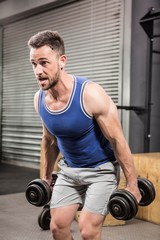 Fototapeta na wymiar Muscular man lifting dumbbells