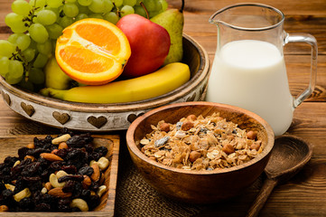 Healthy breakfast with muesli, milk, fresh fruits and nuts.