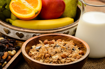 Healthy breakfast with muesli, milk, fresh fruits and nuts.