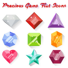 Set of colorful precious gem icons in flat style with long shadows. Nine precious gems in different colors and shapes. Flat design icons