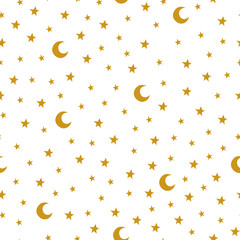 Seamless pattern with cartoon stars and moon on white background