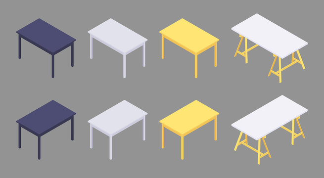 Set of the isometric colored tables. The objects are isolated against the grey background and shown from different sides