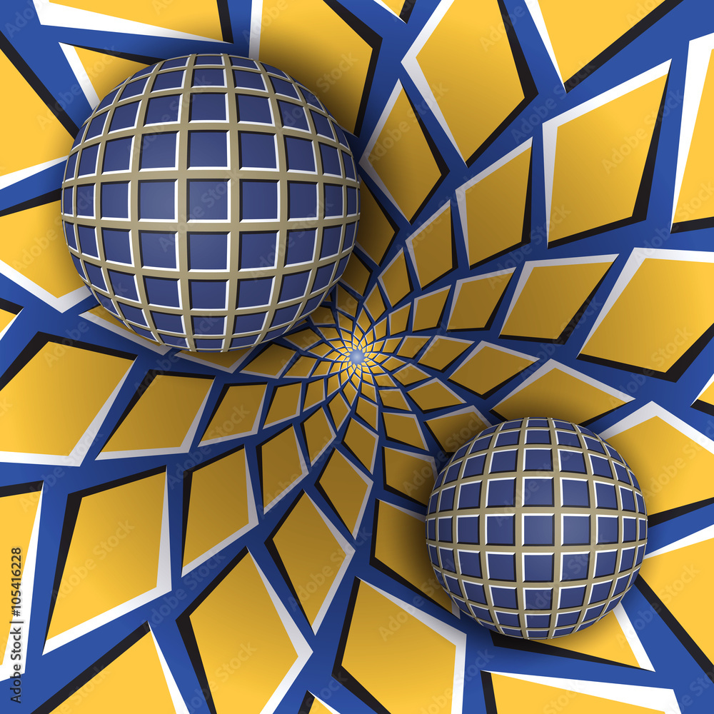 Poster optical illusion illustration. two balls are moving on rotating blue background with yellow quadrang