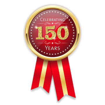 Red celebrating 150 years badge, rosette with gold border and ribbon