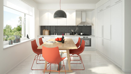 3D rendering of a modern light colored kitchen