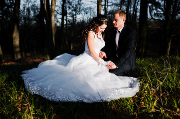 Great and gorgeous wedding couple at sunset near wood