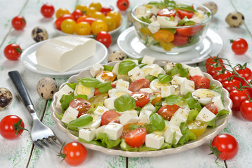 Vegetarian salad with cherry tomatoes, eggs and cheese