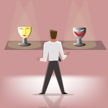Businessman choose between mask of seint and mask of devil