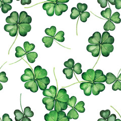 Seamless pattern with green clover trefoil leaves. Hand drawn watercolor background. Original painting.