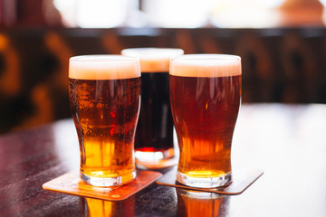 Glasses of light and dark beer on a pub background. - 105422662