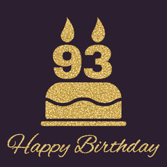 The birthday cake with candles in the form of number 93 icon. Birthday symbol. Gold sparkles and glitter