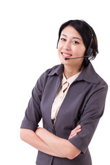 happy business woman with headset, helpline concept