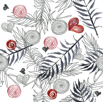 leaves, branches, hearts, watercolor, pattern