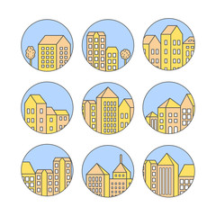 Linear city icons set for design and real estate