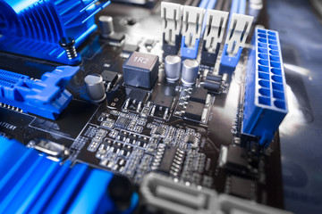 Computer motherboard with elements close-up