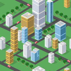 Seamless Isometric city with houses, streets and roads, repeating pattern