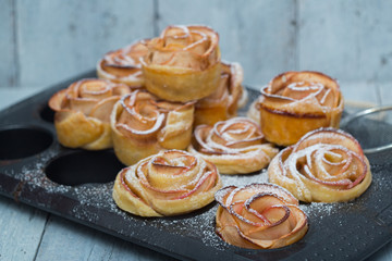 Fresh bright roses from apple slices from apple slices sprinkled