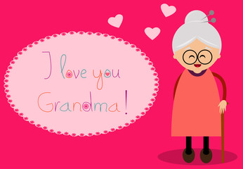 Illustration of a cute grandmother with I love you Grandma text.