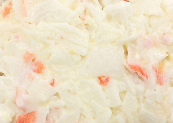 Surimi imitation crab meat with mayonnaise close view