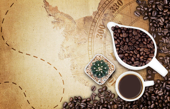Coffee ean on map old fabric texture background
