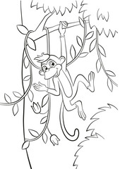 Coloring pages. Little cute monkey is hanging on the tree banch in the forest and smiling.