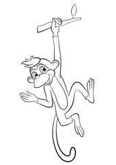 Coloring pages. Little cute monkey is hanging on the tree banch and smiling