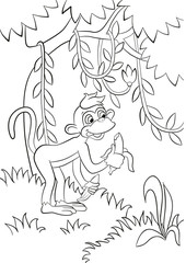 Fototapeta na wymiar Coloring pages. Little cute monkey is eating banana in the forest. Its smiling and happy