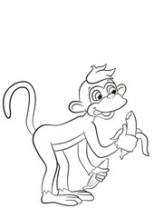 Coloring pages. Little cute monkey is eating banana in the forest. Its smiling and happy