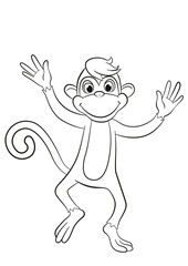Coloring pages. Little cute monkey is jumping or running. Its smiling.