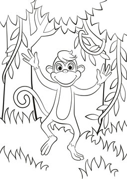 Coloring pages. Little cute monkey is jumping or running. Its smiling.