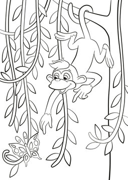 Coloring pages. Monkey in hanging on the tree branch.
