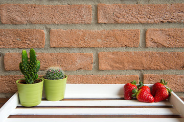 spring time - strawberries and green succulent plants on a white wooden tray - brick wall background