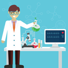 Scientist in science education research lab with flasks and laboratory equipment poster vector illustration