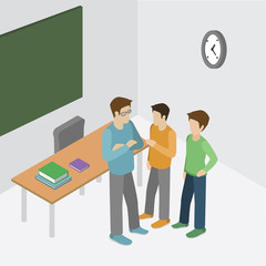 University class auditory lecture. Flat 3D isometric interior of classroom with teacher and student. Business training education