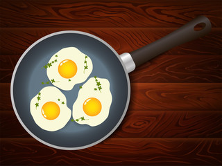 FRYING PAN BREAKFAST EGGS THYME WOOD BACKGROUND
